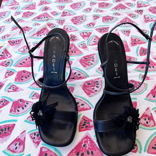 Casadei sandals used, black suede with satin, size 39, 10 cm heel