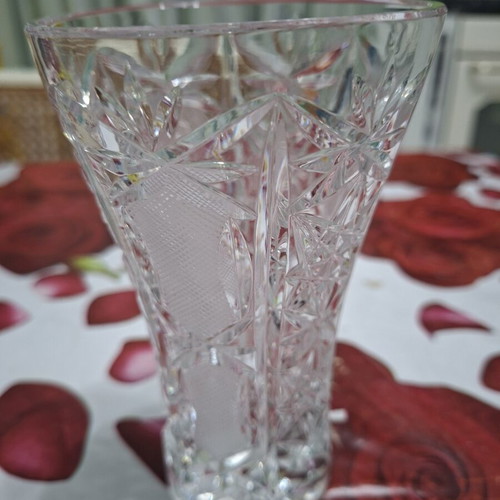 Bohemian crystal vase conical shape with hand-engraved geometric designs new