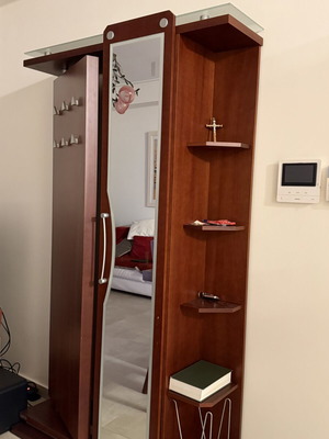 Coat Rack with Mirror like new, walnut color, shoe rack and shelves