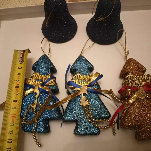 Set of 3 Merry Christmas hanging trees and 2 black glitter bells like new