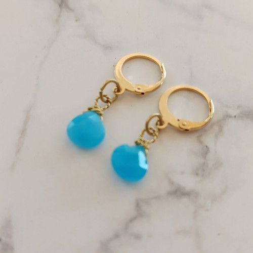 Stainless Steel Hoop Earrings with Turquoise Jade Beads, Handmade