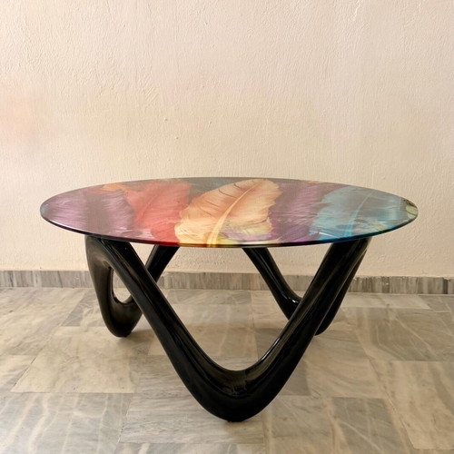 Modern glass coffee table with feather design 90x90 cm