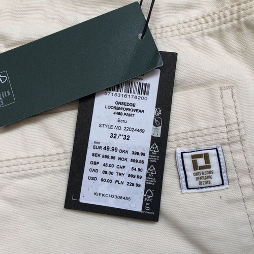 Only & Sons EDGE Loose Workwear Pant new, sizes 32 and 33, ecru cotton