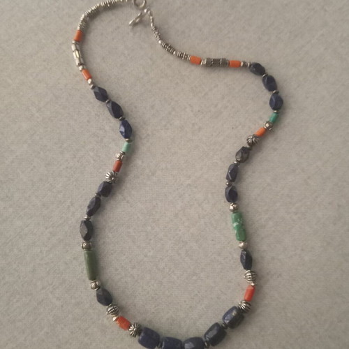 Handmade necklace with natural turquoise, lapis, and coral stones