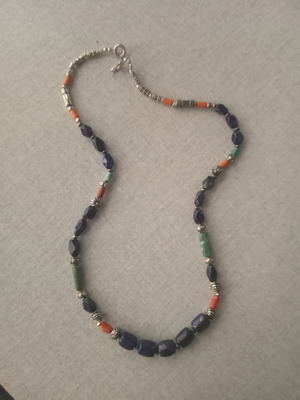 Handmade necklace with natural turquoise, lapis, and coral stones
