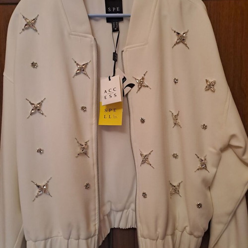 Access bomber jacket white, new, oversized fit with rhinestones