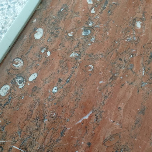 Coffee table gray lacquer with red Epidavros marble used with fossils
