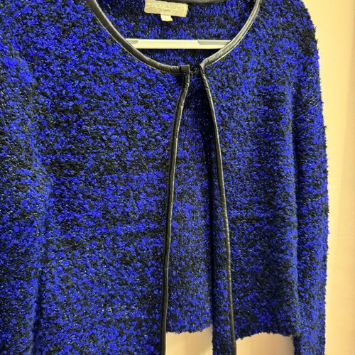 Celestino cropped cardigan used, blue with black leather details, size large