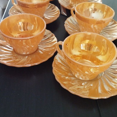 Anchor Hocking Fire King Peache Lustre Swirl vintage tea cup set of 6