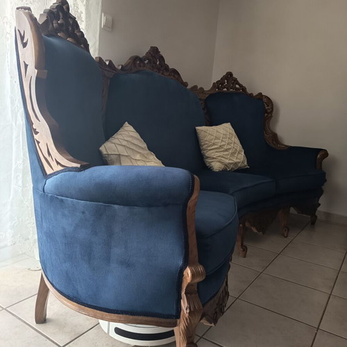 Handmade Victorian-style living room set, six pieces, blue velvet