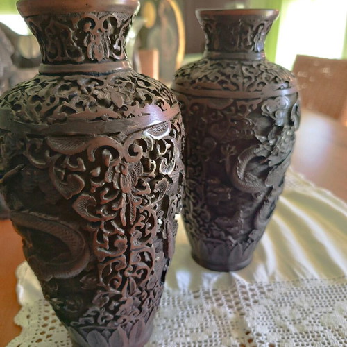 Wooden carved vases like new, solid ebony with dragons and flowers
