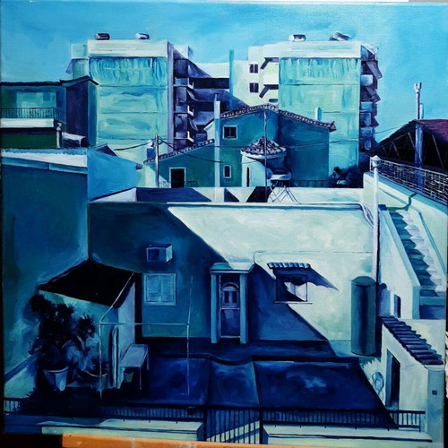 Oil painting urban landscape on canvas blue new