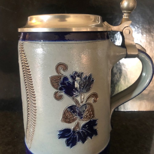 Vintage stoneware beer stein with pewter lid, 0.5L