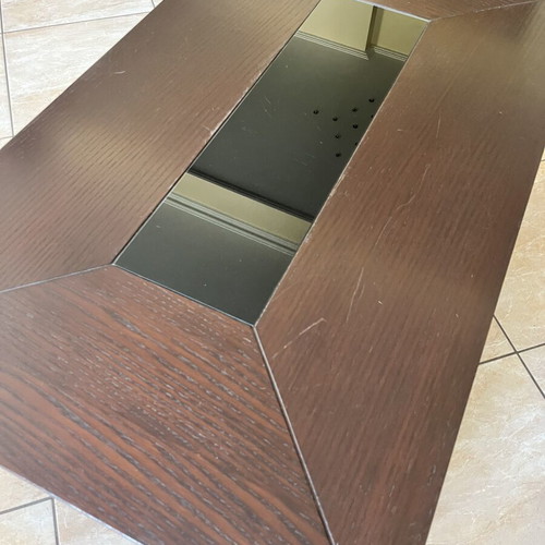 Coffee table with drawer and glass detail, dark brown wood
