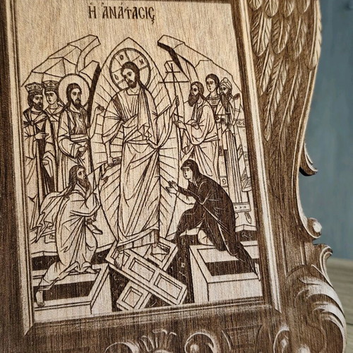 Wooden table icon of the Resurrection new with carved frame and angel wings