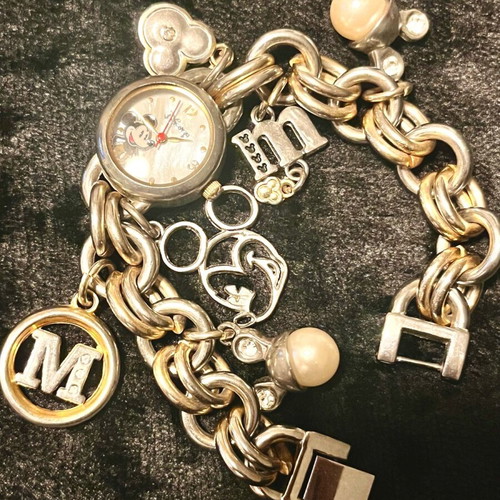 Mickey Mouse charm bracelet watch used, Disney silver tones