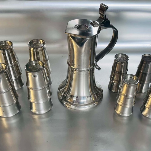 Swiss Made Pewter Serving Set 17 Pieces used, handcrafted