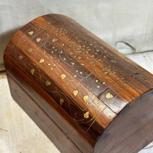 Vintage wooden chest with brass inlay used