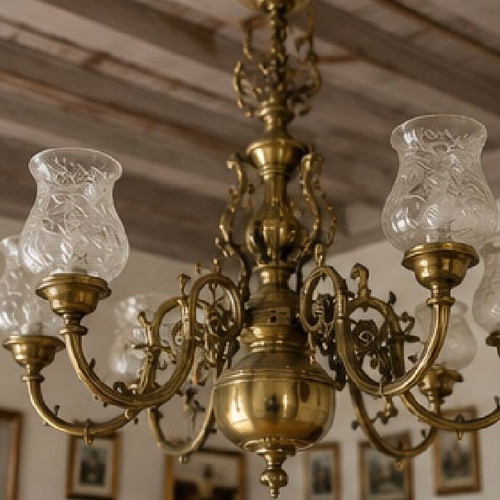 Retro brass chandelier with glass shades used