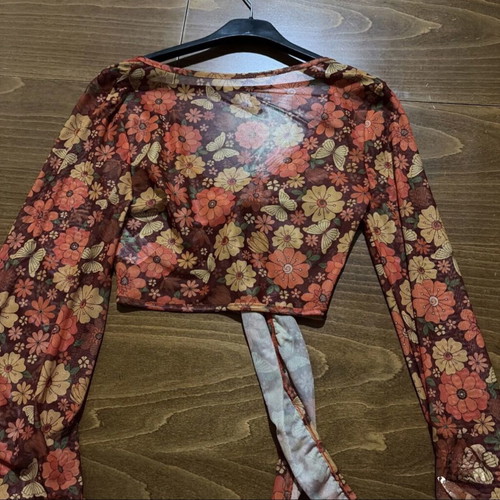 Shein XS Orange and Brown Floral Tie Front Blouse with Long Sleeves like new