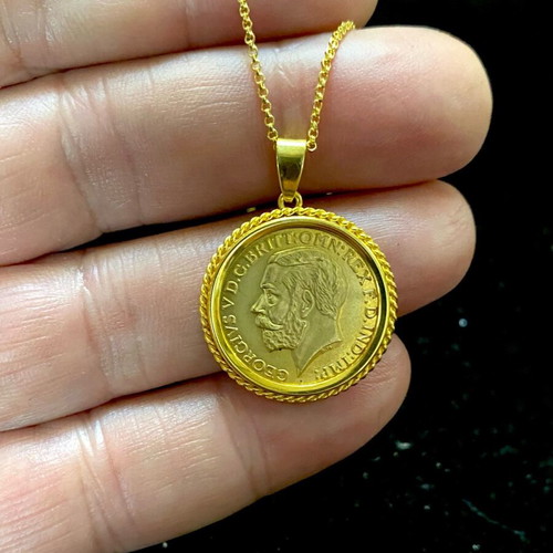 Λίρα με στεφάνι και αλυσίδα 55cm από ασήμι 925 και επιχρύσωμα 22 καράτια καινούργια