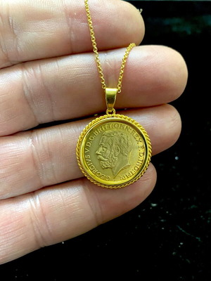 Λίρα με στεφάνι και αλυσίδα 55cm από ασήμι 925 και επιχρύσωμα 22 καράτια καινούργια