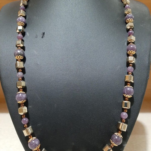 Necklace with Lepidolite and Hematite in 925 Silver, over 60 cm, new