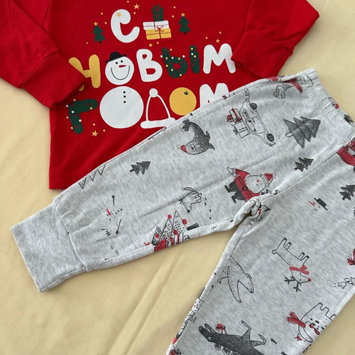 Christmas set with red blouse and grey pants, like new, cotton