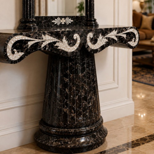 Console table with mirror and column fully covered with natural agate, like new