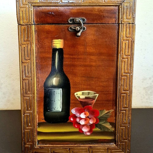 Wooden vintage box for 2 wine bottles with handmade painting like new