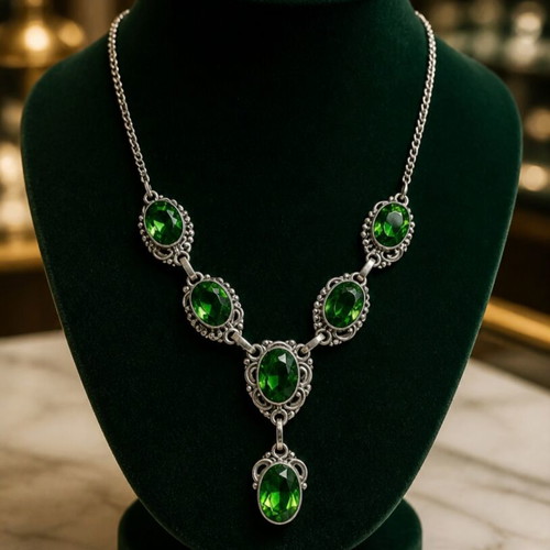 Vintage 925 Silver Necklace with Green Stones used