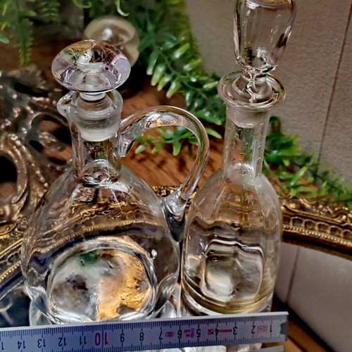 Vintage French glass cruet set for oil and vinegar with ground stoppers