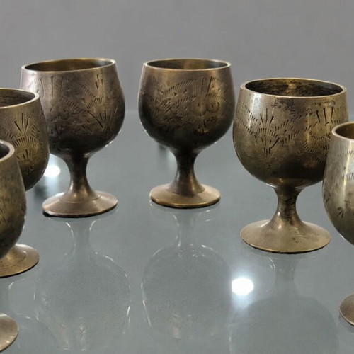 Liqueur Glasses Set of 6 Used Vintage Hand-Etched Bronze EPNS 1960-1970