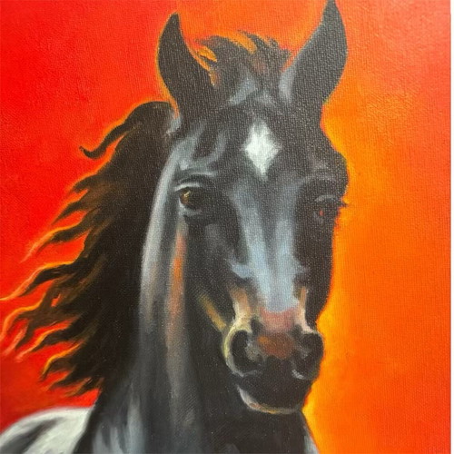 Tsimogiannis Black Horse Oil Painting on Canvas like new