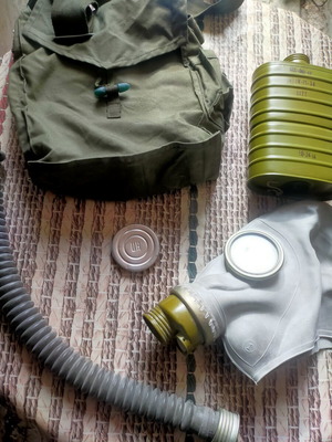 Gas mask with accessories, decorative object