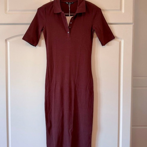 ZARA Long Short-Sleeve Dress Brown Ribbed New Small S 8