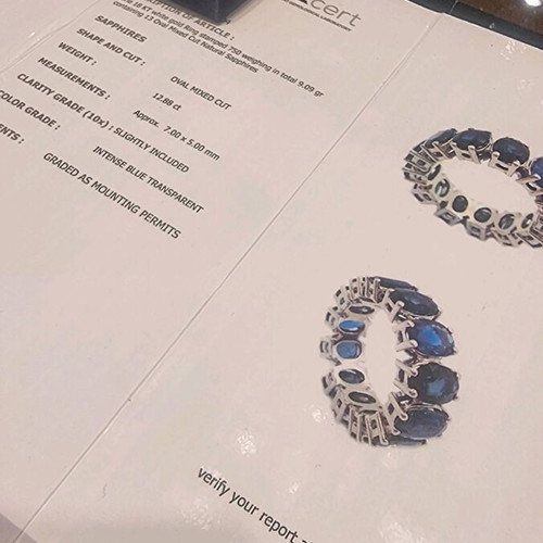 White gold k18 full band ring with 12.88 ct natural blue sapphires new