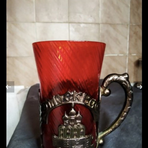 Vintage podstakan glass used, red glass with metal holder