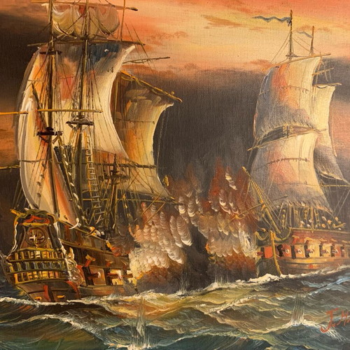 J.Harvey painting like new naval battle theme in wooden frame