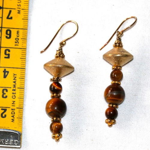 Gold earrings with tiger's eye and 22K gold-plated clasp new