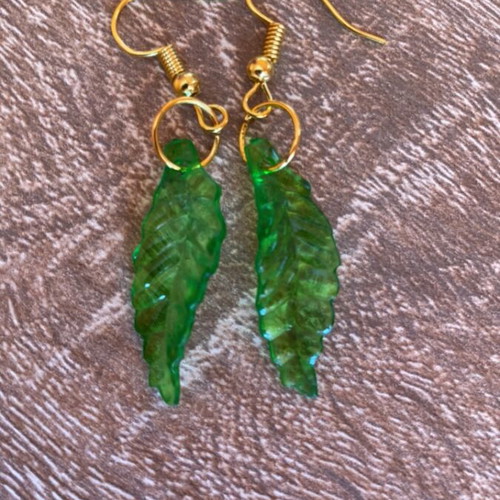 Handmade earrings set of 2 with gold tone and green leaves, made to order