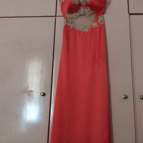 Saten prom dress used, coral with gold lace embroidery and cut-out