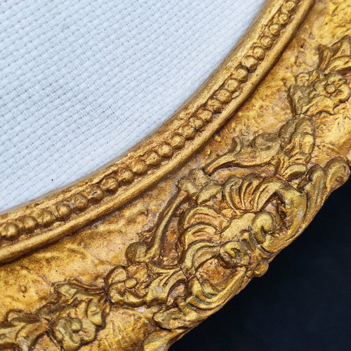Vintage gobelin with birds used, golden baroque relief frame