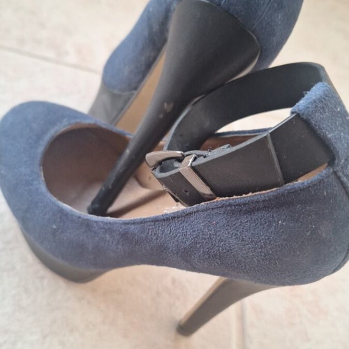 Heels with ankle strap used, dark blue with black heel and platform