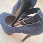 Heels with ankle strap used, dark blue with black heel and platform