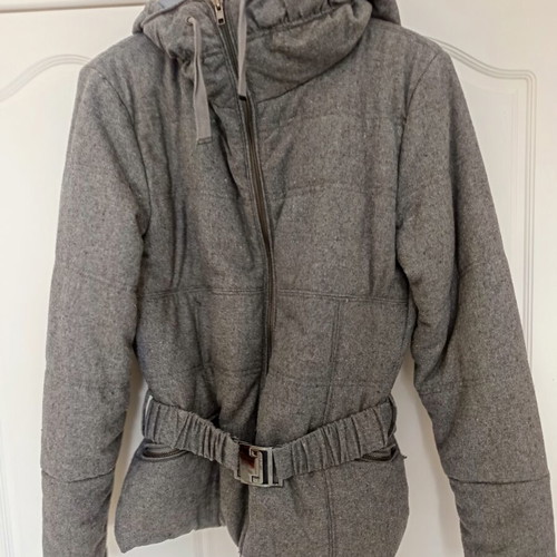 Wool winter jacket with hood refurbished, medium, gray