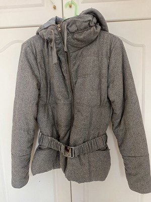 Wool winter jacket with hood refurbished, medium, gray