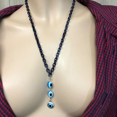 Chunky Dark Blue Evil Eye Chain Necklace new, Y2K alternative jewelry