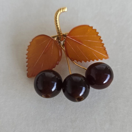 Cherry brooch with Baltic amber, vintage
