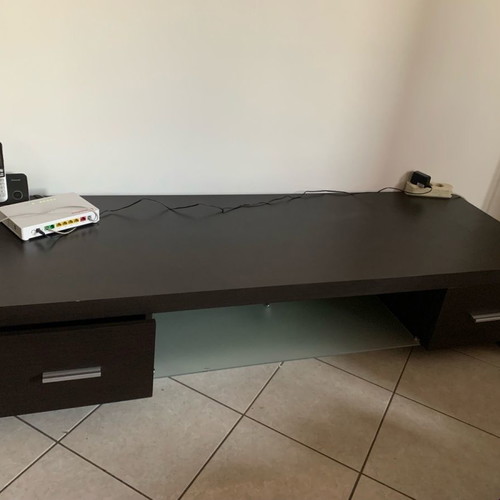 TV stand with glass shelf and two drawers like new